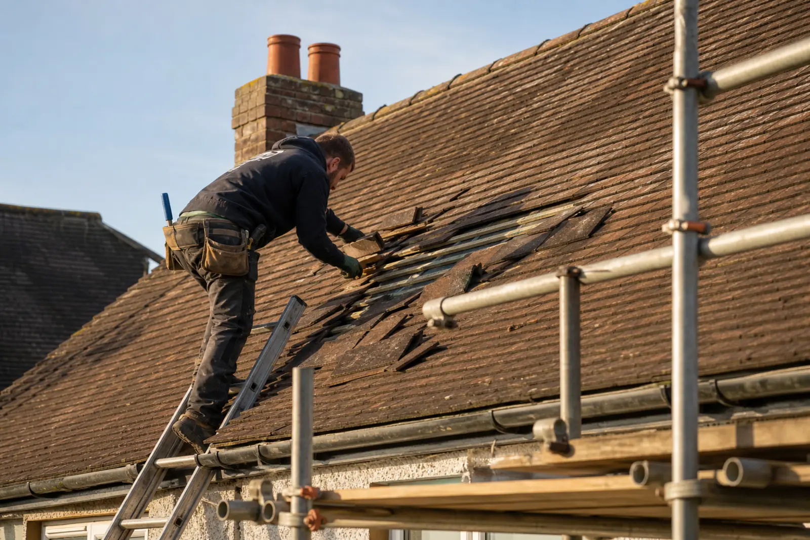 Roof repair work being carried out on a Guernsey property